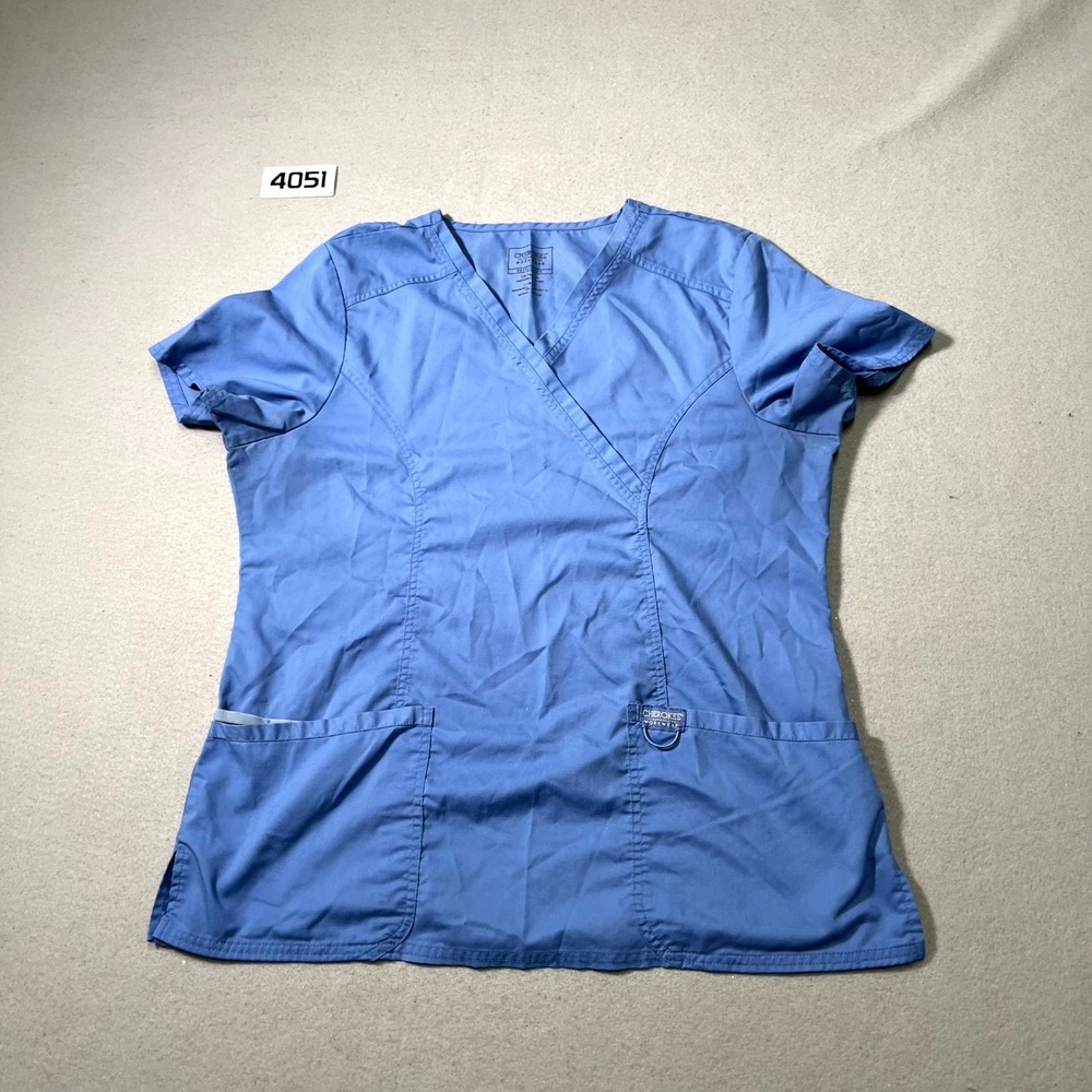 Cherokee Workwear Revolution Wrap Scrub Top Womens Large Blue‎ Surplice Neck